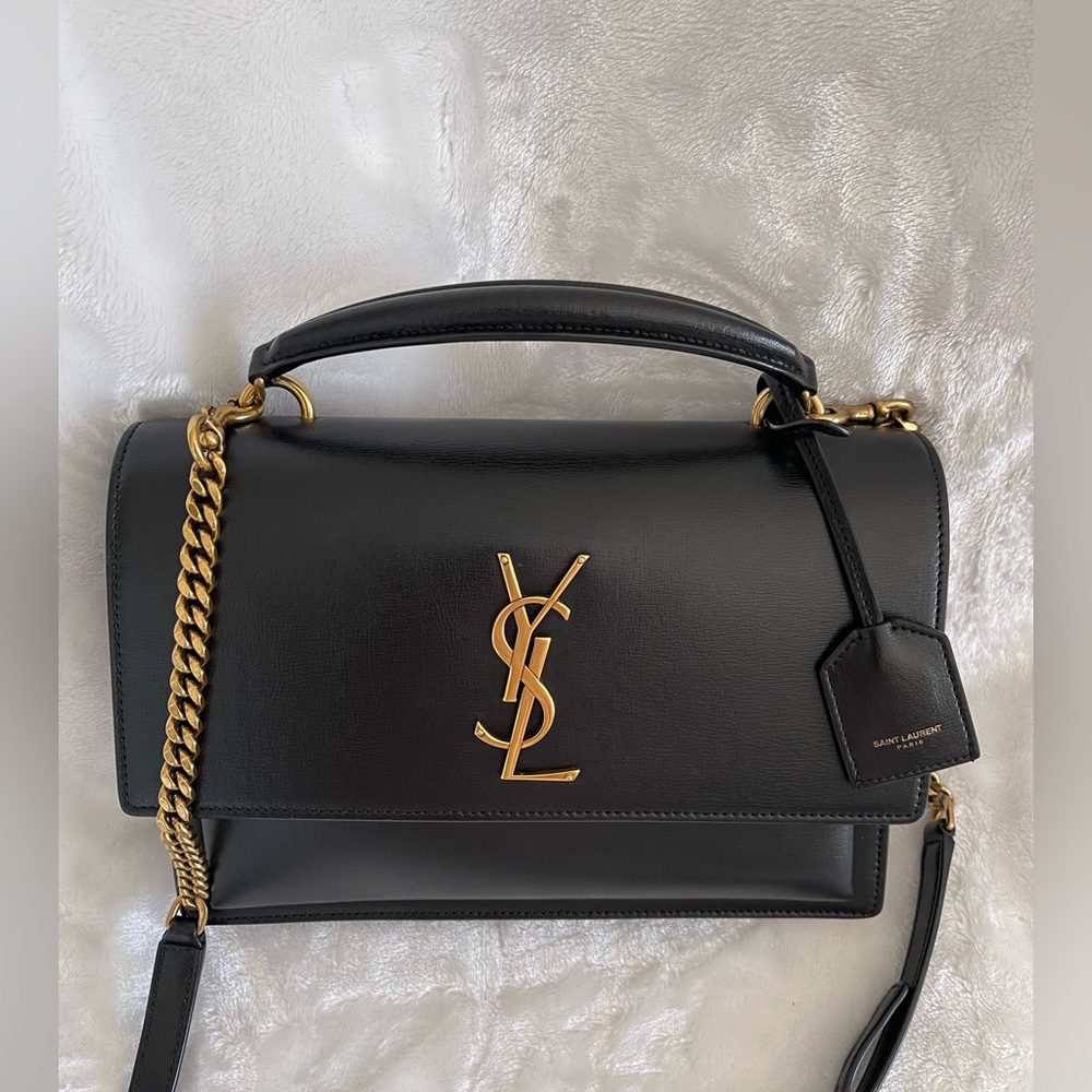 ⭐️Authentic Saint Laurent YSL Medium Sunset Top Handle Black and Gold Handbag ⭐️ - Picture 1 of 15
